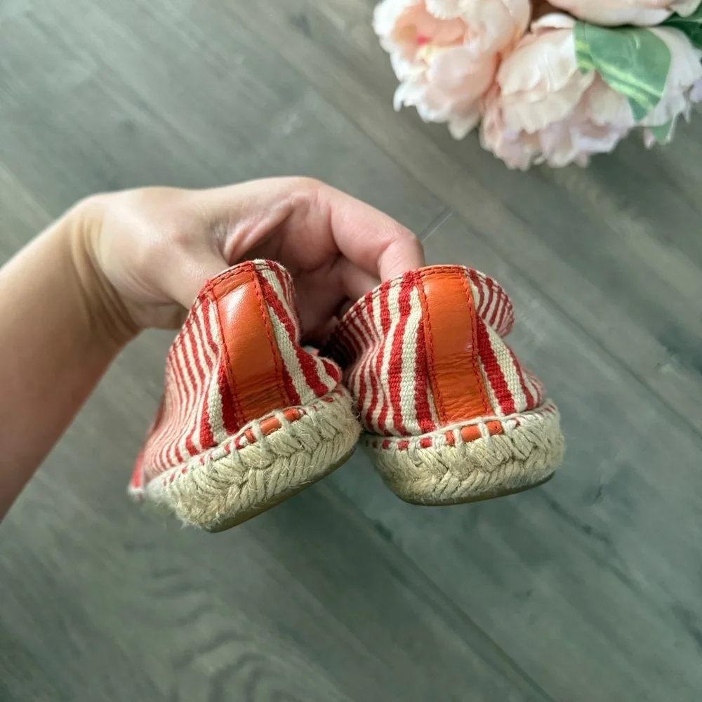 Tory Burch‎ Red Orange Striped Linen Slide On Espadrilles